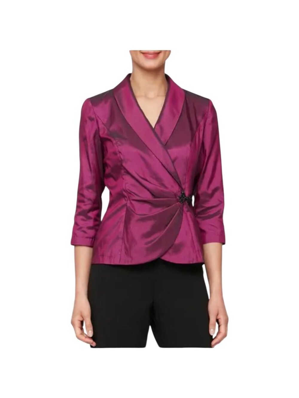 Alex Evenings NWT $139 Bead Detail Berry Taffeta Top, 3/4-Sleeves Women's Size L